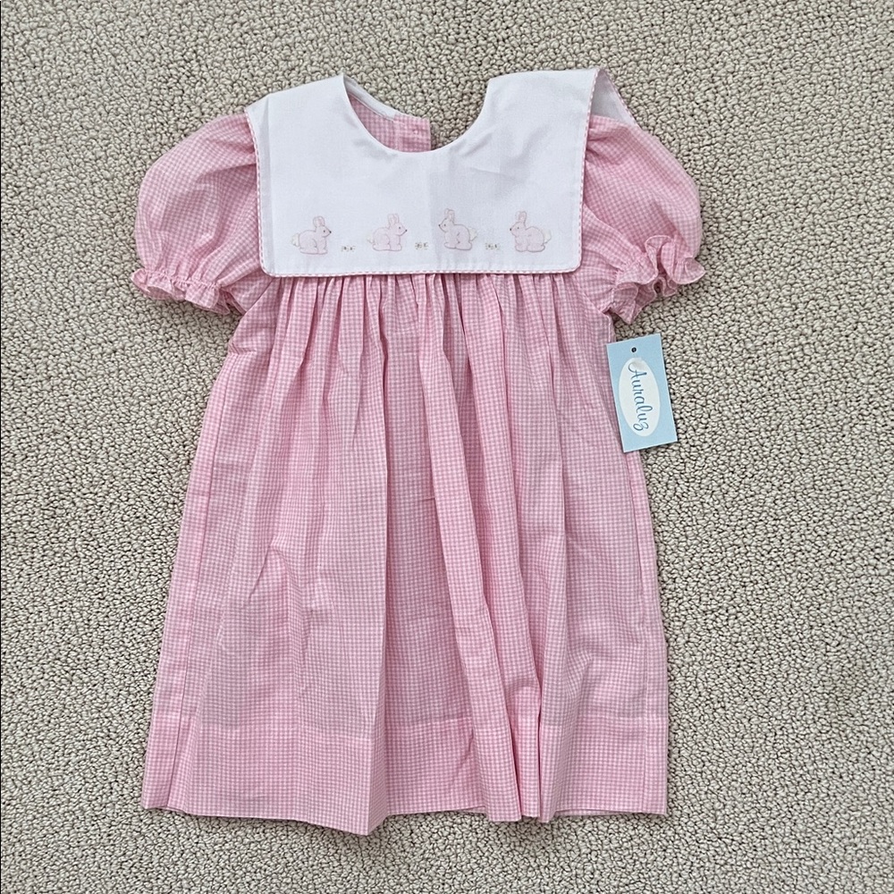 Pink Gingham Auraluz Baby Dress with Embroidered Bunny Collar
